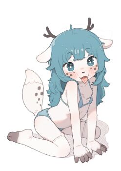 1girl animal_ears antlers bikini blue_bikini blue_eyes blue_hair blush body_fur character_request check_character commentary commission copyright_request deer_ears english_commentary facial_mark flat_chest full_body furry furry_female furry_male highres hilda_(hilda) horns loli long_hair looking_at_viewer open_mouth possummachine simple_background sitting solo swimsuit tail thighhighs tongue tongue_out white_background white_fur white_thighhighs