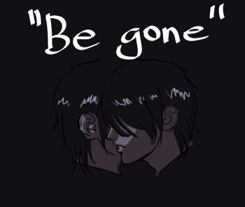 2boys black_hair black_tunic covered_eyes dark dim_lighting dual_persona english_text from_side grey_trim grin looking_at_another male_focus multiple_boys sh1fted_1 shadow_slave short_hair smile source_quote sunny_(shadow_slave) tunic whispering_in_ear