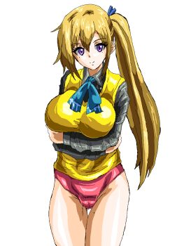 1girl arms_up artist_request blonde_hair blush breasts breasts_squeezed_together buruma cameltoe grin gym_uniform hanging_breasts highres jampen kawakami_mai large_breasts long_hair looking_at_viewer musaigen_no_phantom_world purple_eyes red_buruma shiny_skin shirt short_sleeves side_ponytail sidelocks smile solo sweater thighs white_background white_shirt wide_hips yellow_sweater