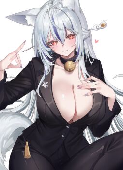 1girl absurdres animal_ear_fluff animal_ears bell black_choker black_pants black_suit blush breasts center_opening choker cleavage closed_mouth collarbone commentary_request commission formal_clothes fox_shadow_puppet hair_between_eyes hair_intakes hair_ornament hair_stick hand_on_own_chest hand_up head_tilt heart highres jacket korean_commentary large_breasts long_hair long_sleeves looking_at_viewer multicolored_hair nail_polish neck_bell open_clothes open_jacket original pants purple_nails purple_streaks red_eyes rudang simple_background sitting smile solo streaked_hair suit suit_jacket symbol-shaped_pupils tail tassel very_long_hair white_background white_hair