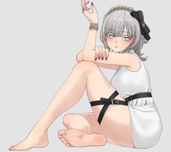 1girl absurdres barefoot blush feet grey_eyes grey_hair highres hisuifootfetish long_hair looking_at_viewer soles toes