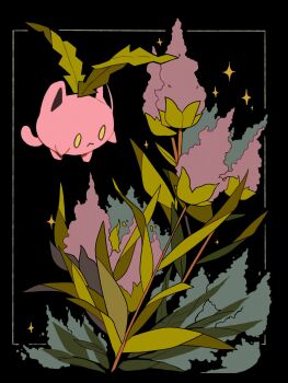 :< floating flower flying gen_2_pokemon grass highres hoppip lilac nintendo no_humans outdoors pink_flower pokemon pokemon_(creature) tiki_(tikivt) yellow_eyes