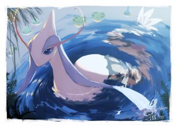 afloat alternate_color antennae artist_name barboach black_eyes blue_eyes border feebas fish gen_3_pokemon hashtag-only_commentary hiiragishiyu lotad milotic mudkip nintendo no_humans outdoors plant pokemon pokemon_(creature) ripples shiny_pokemon solo_focus swimming water white_border