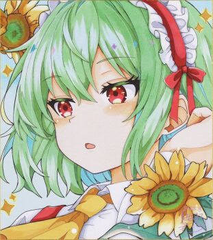 1girl ascot close-up commentary_request flower green_hair highres hoshi_tea_party kazami_yuuka looking_to_the_side medium_hair portrait red_eyes sunflower touhou yellow_ascot yellow_flower