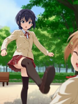 1boy 1girl bench black_eyes black_hair black_thighhighs blue_sky blurry blurry_background blurry_foreground blush bokeh bow brown_hair brown_jacket brown_shoes chestnut_mouth closed_eyes cloud crossdressing crossdressing_(mtf) day depth_of_field flat_chest foot_out_of_frame grass hair_ornament hairclip highres jacket kicking leg_up loafers long_sleeves looking_at_another mako-chan_(minami-ke) makoto_(minami-ke) minami-ke minami_touma open_mouth outdoors park park_bench plaid_clothes plaid_skirt pleated_skirt red_bow red_skirt school_uniform shirt shoe_soles shoes short_hair skirt sky solo_focus standing standing_on_one_leg tare_mamire teeth thighhighs tree upper_teeth_only v-shaped_eyebrows water_drop wet wet_hair white_shirt winter_uniform wooden_bench