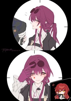 1boy 2girls aiming anger_vein angry artist_name bandaged_arm bandages bandages_over_clothes black-framed_eyewear black_choker black_coat black_gloves black_jacket blade_(honkai:_star_rail) blush_stickers chinese_clothes choker closed_mouth clothing_cutout coat collared_shirt commentary dated dress earrings english_commentary eyewear_on_head from_side gloves gold_earrings golden_rose gun hair_between_eyes hand_up highres himeko_(honkai:_star_rail) holding holding_gun holding_weapon honkai:_star_rail honkai_(series) jacket jewelry kafka_(honkai:_star_rail) long_hair long_sleeves looking_at_another multiple_girls multiple_views notice_lines open_clothes open_jacket pink_lips pink_pupils pointing ponytail puffy_long_sleeves puffy_sleeves purple_eyes purple_gloves purple_hair red_hair round_eyewear shirt sidelocks simple_background single_earring sleeveless sleeveless_dress solo_focus spider_web_print sunglasses taykrome teeth upper_body v-shaped_eyebrows wavy_hair weapon white_background white_dress white_shirt yellow_eyes