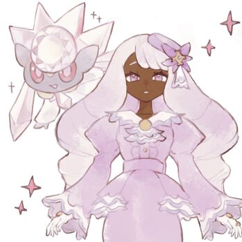 2girls ascot bow brooch center_frills chamopichamo chest_jewel colored_sclera colored_skin cowboy_shot dark-skinned_female dark_skin diamond_(gemstone) diancie dress fascinator floating frilled_ascot frilled_dress frills frown gem gen_6_pokemon glove_bow gloves gold_ring grey_skin half-closed_eyes highres jacinthe_(pokemon) jewelry juliet_sleeves legendary_pokemon long_sleeves looking_at_viewer low_drills multiple_girls mythical_pokemon nintendo open_mouth parted_lips pink_eyes pink_gemstone pokemon pokemon_(creature) pokemon_legends:_z-a puffy_sleeves purple_dress purple_eyes purple_hair red_sclera sparkle star_(symbol) very_dark_skin white_gloves yellow_bow