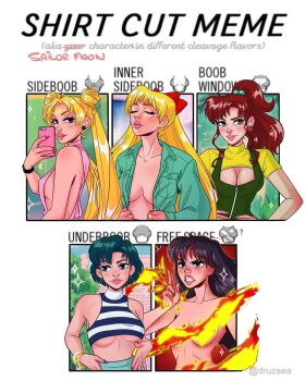 5girls aino_minako bare_shoulders bishoujo_senshi_sailor_moon black_hair blonde_hair blue_eyes blue_hair bow breasts brown_hair cleavage cleavage_cutout closed_eyes clothing_cutout convenient_censoring druzsea earrings female_focus fire green_eyes hands_on_own_hips highres hino_rei incoming_kiss jewelry kino_makoto large_breasts lips long_hair long_sleeves miss.louve mizuno_ami multiple_drawing_challenge multiple_girls nail_polish no_bra nude pants puckered_lips red_bow shirt_cut_meme short_sleeves sideboob sleeveless tree tsukino_usagi twintails underboob very_long_hair