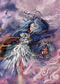 1girl 2b-ge blue_eyes blue_hair breasts chinese_commentary cloud cloudy_sky dress highres jewelry kumoi_ichirin long_hair medium_breasts one-hour_drawing_challenge one_eye_closed pendant sky touhou two-tone_dress unzan