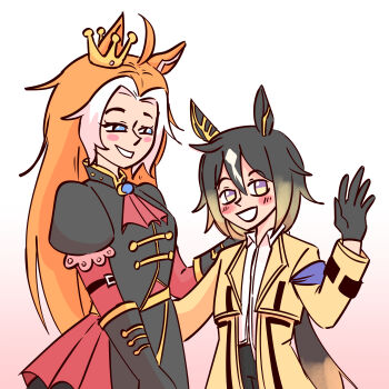 2girls absurdres ahoge animal_ears artistic_error black_dress black_gloves black_hair blue_eyes brooch coat collared_shirt commentary dress ear_covers english_commentary forehead gloves hair_between_eyes highres horse_ears horse_girl jewelry juliet_sleeves long_hair long_sleeves looking_at_viewer multicolored_hair multiple_girls orange_hair oriental_art_(racehorse) ponytail puffy_sleeves purple_eyes shirt single_ear_cover smile starlinkman stay_gold_(umamusume) streaked_hair umamusume waving white_hair yellow_coat