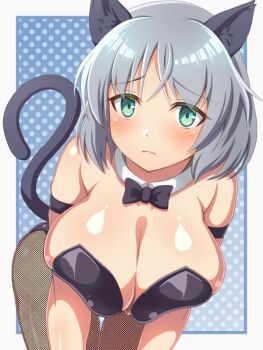 1girl bare_shoulders black_bow black_bowtie black_leotard bow bowtie breast_rest breasts carried_breast_rest carrying cat_girl cat_tail cleavage commentary_request detached_collar ghost_rea green_eyes grey_hair huge_breasts leaning_forward leotard looking_at_viewer pantyhose playboy_bunny sanya_v._litvyak short_hair solo strike_witches tail world_witches_series