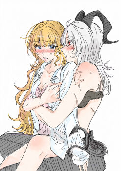2girls absurdres black_bra black_pants blonde_hair blue_eyes blush bra collarbone collared_shirt commentary_request demon_tail grabbing_from_behind hickey highres horns hug hug_from_behind long_hair multiple_girls pants phoebe_(wuthering_waves) red_eyes saku_(amespi) scar scar_on_arm shirt simple_background sitting sitting_on_lap sitting_on_person sweat tail tail_around_arm underwear white_background white_hair white_shirt wuthering_waves yuri zani_(wuthering_waves)