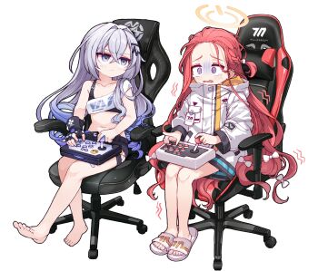 2girls @_@ aged_down arcade_stick barefoot black_shirt black_shorts blue_archive blush bow braid chair closed_mouth commentary controller cropped_shirt crossed_bangs english_commentary flat_chest forehead full_body game_controller gaming_chair gauntlets grey_hair hair_bow hair_intakes halo highres honkai:_star_rail honkai_(series) jacket joystick long_hair long_sleeves looking_at_another midriff multicolored_hair multiple_girls navel open_mouth power_symbol purple_eyes purple_hair red_hair sandals shirt shorts silver_wolf_(honkai:_star_rail) simple_background single_gauntlet sitting slides smiley_face sunglasses swivel_chair tearing_up tears turn_pale two-tone_shirt very_long_hair white_background white_bow white_shirt xtacy yellow_halo yuzu_(blue_archive)
