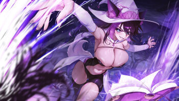 1girl absurdres animal_ear_fluff animal_ears armpits black_hair black_leotard black_thighhighs blue_eyes book breasts cape chest_strap cleavage clothing_cutout detached_sleeves ears_through_headwear facial_mark fox_ears fox_girl fox_tail hat heart heart_facial_mark highres large_breasts leotard long_hair long_sleeves looking_at_viewer magic mark_under_eye mizugaiya multicolored_hair navel nomalman open_book original outstretched_arms purple_hair revealing_clothes single_thighhigh skindentation smile solo spread_arms stomach stomach_cutout strapless strapless_leotard tail thighhighs two-tone_hair white_cape white_hat white_sleeves white_tail witch_hat