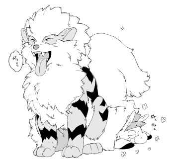 Rule 34 | absurdres, arcanine, bakushi (smys2017), closed eyes, commentary request, gen 1 pokemon, gen 7 pokemon, greyscale, happy aura, highres, monochrome, mudsdale, nintendo, open mouth, pokemon, pokemon (creature), simple background, sitting, sitting on animal, tongue, tongue out, translation request, white background