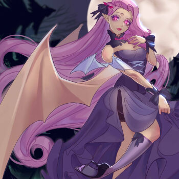 1girl absurdres aegyo_sal animification bat_girl bat_wings bow colored_skin dress fang fangs flutterbat fluttershy goth_fashion hair_bow highres long_hair luverihu my_little_pony my_little_pony:_friendship_is_magic pink_eyes pink_hair pink_lips pointy_ears solo vampire very_long_hair wings yellow_skin