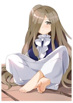 Rule 34 | 1girl, absurdres, barefoot, blush, bow, brown eyes, brown hair, chashuwu, crossed ankles, dress, feet, female focus, hair over one eye, hair tubes, highres, indian style, light blush, long bangs, long hair, looking at viewer, on floor, sense (sousou no frieren), simple background, sitting, soles, solo, sousou no frieren, toes, very long hair, white background, white bow, white dress