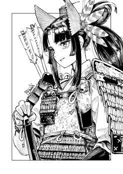 1girl alternate_costume armor arrow_(projectile) black_hair dou fate/grand_order fate_(series) feather_hair_ornament feathers hair_ornament hand_on_hilt highres japanese_armor kote kusazuri monochrome pirata_(gailtonatiu) ponytail samurai shoulder_armor sode solo ushiwakamaru_(fate)