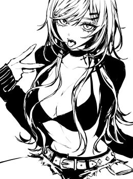 1girl belt belt_buckle bra breasts buckle choker cleavage commission cowboy_shot greyscale hair_ornament hairclip hand_up highres large_breasts long_hair long_sleeves looking_at_viewer monochrome open_mouth original parallel_hairclips parted_bangs short_shorts shorts simple_background skeb_commission solo stomach swept_bangs teeniika tongue tongue_out underwear v white_background