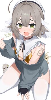 1girl @_@ absurdres adversarial_noise arm_tattoo bikini black_gloves blush breasts clothes_pull commentary english_commentary english_text fingerless_gloves gloves gold_bikini green_eyes grey_hair grey_sweater hat highres indie_virtual_youtuber looking_at_viewer oimo_buster open_mouth original oversized_clothes sitting small_breasts smile solo sweater swimsuit tattoo thighhighs virtual_youtuber wariza white_thighhighs yoako