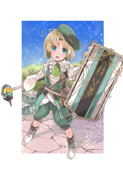 Rule 34 | 1boy, ascot, blue eyes, commentary request, daichi no hammer (grimms notes), full body, grass, green ascot, green hat, green shorts, green vest, grimms notes, hammer, hansel (grimms notes), hansel (original) (grimms notes), hat, holding, holding hammer, holding shield, legs apart, long sleeves, looking at viewer, male focus, open mouth, puffy long sleeves, puffy sleeves, rock, shield, shoes, short hair, shorts, smile, solo, standing, toridoujin4, vest, white shoes