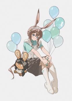 1girl alternate_costume amiya_(arknights) animal_ears aqua_shirt arknights balloon blue_eyes boots brown_hair brown_skirt closed_mouth daniel_deng full_body highres long_hair looking_at_viewer rabbit_ears rabbit_girl shirt simple_background skirt solo white_background white_boots