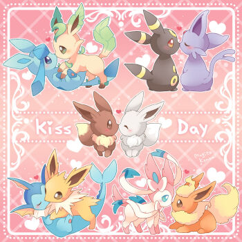 Rule 34 | alternate color, artist name, blue eyes, blush, brown eyes, closed eyes, commentary request, eevee, espeon, flareon, gen 1 pokemon, gen 2 pokemon, gen 4 pokemon, gen 6 pokemon, glaceon, green eyes, heart, highres, kiss, kiss day, leafeon, mugita konomi, nintendo, no humans, outline, pokemon, pokemon (creature), red eyes, shiny and normal, shiny pokemon, sylveon, umbreon, vaporeon, white outline