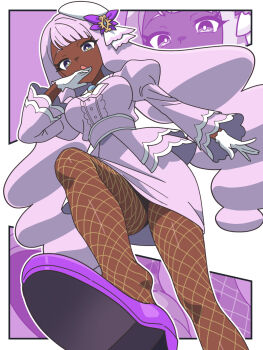 Rule 34 | 1girl, border, breasts, center frills, commentary request, dark-skinned female, dark skin, fishnet pantyhose, fishnets, frills, gloves, highres, jacinthe (pokemon), juliet sleeves, kanbei (pixiv11037490), long sleeves, looking at viewer, medium breasts, nintendo, open mouth, outside border, pantyhose, pencil skirt, pokemon, pokemon legends: z-a, puffy sleeves, purple background, purple hair, purple shirt, purple skirt, shirt, skirt, solo, upskirt, very dark skin, white border, white gloves, yellow pantyhose, zoom layer