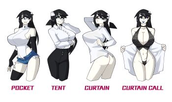 1girl absurdres ass black_gloves black_hair black_pants black_thighhighs blue_eyes blue_shorts blue_tongue breasts cleavage collared_shirt colored_tongue covered_navel curtain_call_challenge_(meme) daminite ear_piercing earrings elbow_gloves english_text fingerless_gloves freckles gloves highres huge_breasts jewelry leotard long_hair long_sleeves meme multiple_views one-piece_swimsuit open_clothes open_shirt original pants piercing shirt shirt_tucked_in shorts simple_background single_thighhigh swimsuit thighhighs white_background white_leotard white_shirt