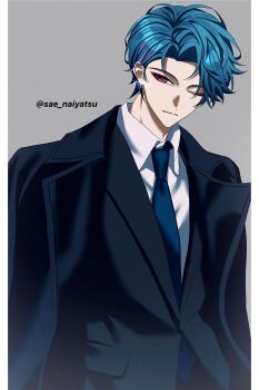 1boy absurdres alternate_costume alternate_hairstyle black_coat black_jacket blue_hair blue_necktie brant_(wuthering_waves) closed_mouth coat collared_shirt commentary earrings english_commentary grey_background highres jacket jewelry male_focus multicolored_hair necktie one_eye_closed pink_eyes sae_naiyatsu shirt short_hair simple_background solo streaked_hair twitter_username upper_body white_shirt wuthering_waves