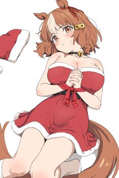 1girl :t absurdres animal_ears bell belno_light_(umamusume) belt bound breasts covered_groin dress hair_ornament hat highres horse_ears horse_girl horse_tail interlocked_fingers kneehighs large_breasts looking_at_viewer neck_bell santa_costume santa_dress santa_hat short_hair simple_background sincos socks solo striped_hair tail thighs tied_up_(nonsexual) umamusume umamusume:_cinderella_gray white_background