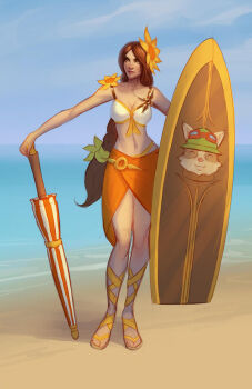 1girl beach bikini brown_hair commentary concept_art day flower hair_flower hair_ornament ironstylus league_of_legends leona_(league_of_legends) long_hair official_art pool_party_leona riot_games sandals sarong sunflower sunflower_hair_ornament surfboard swimsuit teemo umbrella very_long_hair
