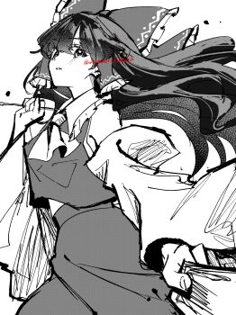 1girl ascot bare_shoulders bow detached_sleeves from_side gohei hair_bow hair_tubes hakurei_reimu highres holding holding_gohei holding_ofuda long_hair looking_at_viewer monochrome ofuda parted_lips shirt skirt sleeveless sleeveless_shirt solo touhou twitter_username waramori_fuzuka