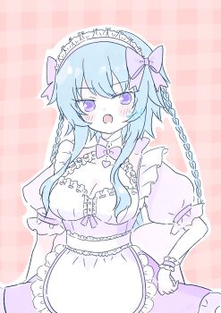 Rule 34 | 1girl, :o, apron, arm at side, assault lily, back bow, blue hair, blush, bow, bowtie, braid, breasts, cleavage, commentary, detached collar, dress, fang, frilled apron, frilled dress, frilled wrist cuffs, frills, fumi (fumifumi3axl), hair bow, hand on own hip, highres, long hair, maid, maid headdress, medium breasts, mori tatsuki, official alternate costume, open mouth, outline, pink background, plaid background, puffy short sleeves, puffy sleeves, purple bow, purple bowtie, purple dress, purple eyes, ribbon-trimmed dress, ribbon trim, short sleeves, sidelocks, solo, twin braids, untranslatable commentary, upper body, v-shaped eyebrows, waist apron, white apron, white outline, wrist cuffs