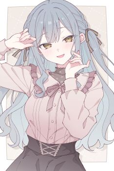 1girl bang_dream! bang_dream!_it&#039;s_mygo!!!!! black_ribbon black_skirt blue_hair blush border braid commentary dress_shirt e20 frilled_shirt frills hair_ribbon hands_up highres long_hair long_sleeves looking_at_viewer open_mouth outside_border pink_ribbon pink_shirt ribbon shirt shirt_tucked_in side_braids sidelocks skirt solo togawa_sakiko two_side_up white_border yellow_eyes