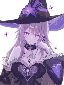 1girl aw_aw0104 bare_shoulders choker detached_sleeves dress flower frilled_sleeves frills hat hat_flower herta_(honkai:_star_rail) honkai:_star_rail honkai_(series) jewelry key key_necklace keyhole long_hair necklace purple_flower ribbon simple_background sparkle strapless strapless_dress the_herta_(honkai:_star_rail) upper_body white_background witch_hat