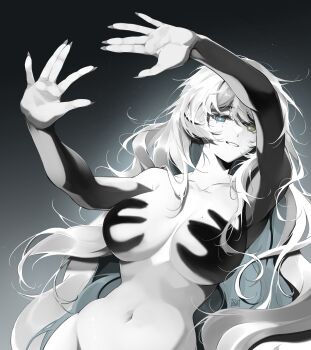 Rule 34 | 1girl, absurdres, artist logo, blue eyes, breasts, collarbone, commentary, english commentary, greyscale, hand shadow covering breasts (meme), heterochromia, highres, indie virtual youtuber, large breasts, logo, long hair, looking at viewer, meme, mismatched pupils, monochrome, navel, noasauruss, noasauruss (vtuber), out-of-frame censoring, outstretched arms, parted lips, shadow, solo, spot color, topless female, very long hair, virtual youtuber, yellow eyes