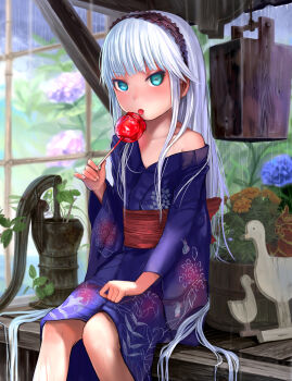 Rule 34 | 1girl, absurdly long hair, aqua eyes, blush, candy apple, commentary request, flat chest, flower, food, hairband, highres, hydrangea, japanese clothes, jishimaru, kimono, licking, long hair, looking at viewer, original, print kimono, rain, single bare shoulder, solo, very long hair, white hair