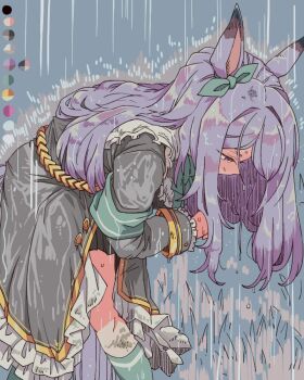 1girl bent_over black_skirt bow dirty ear_bow green_bow green_socks grey_jacket jacket kneehighs mejiro_mcqueen_(umamusume) purple_eyes purple_hair rain skirt socks solo toriga_naku umamusume wet