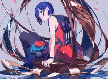 1girl aqua_skirt black_hood black_pantyhose black_skirt blue_boots blue_eyes blue_hair boots bracelet chocolate closed_mouth commentary diamond_earrings diamond_print earrings expressionless falling_petals from_behind full_body grey_background hair_behind_ear hair_over_shoulder head_down heart high_heel_boots high_heels highres hood hood_down hoodie jewelry kamitsubaki_studio liquid looking_at_viewer looking_back low_ponytail multicolored_eyes multicolored_hair multicolored_skirt official_art oversized_food oversized_object pantyhose petals ponytail print_skirt red_eyes red_hair red_hoodie red_skirt rim_(kamitsubaki_studio) ritao_kamo shirt sitting_on_food skirt sleeveless sleeveless_hoodie sleeveless_shirt solo splatter streaked_hair symbol-only_commentary virtual_youtuber yellow_pupils