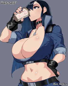 1girl artist_name belt blue_eyes blue_hair bonkiru breasts coffee_mug cup drinking_glass fingerless_gloves gigantic_breasts gloves grey_background hand_on_own_hip huge_breasts jewelry judy_(waifusplit) long_hair looking_up mug navel necklace unzipped waifusplit