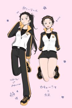 108_omonpakaru absurdres black_hair blush genderswap genderswap_(mtf) hairband highres jacket looking_at_viewer natsuki_subaru orange_hairband pants pink_background ponytail re:zero_kara_hajimeru_isekai_seikatsu short_hair short_shorts shorts smile star_(symbol) yellow_eyes
