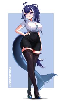 Rule 34 | 1girl, :3, absurdres, ahoge, animal ears, artist name, black shoes, black skirt, black thighhighs, blue-framed eyewear, blue background, bluesky username, body markings, breasts, cat ears, cetacean tail, cleavage, collared shirt, commentary, covered navel, crossed legs, dress shirt, droopy ears, english commentary, eyewear hang, fingernails, fins, fish tail, full body, glasses, grey hair, half-closed eyes, hand on own hip, heart, heart ahoge, high heels, highres, indie virtual youtuber, large breasts, long hair, looking at viewer, miniskirt, multicolored hair, pencil skirt, purple eyes, purple hair, purple nails, rectangular eyewear, shirt, shoes, shylily, sidelocks, skirt, smile, solevisionarts, solo, standing, streaked hair, tail, thighhighs, tight clothes, twitter username, unworn eyewear, very long hair, virtual youtuber, watson cross, white background, white shirt, white streaks