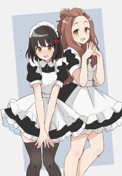 Rule 34 | 2girls, :d, apron, black dress, black hair, black thighhighs, bob cut, bow, brown eyes, brown hair, dress, forehead, hair bow, hibike! euphonium, highres, hisaishi kanade, kenzaki ririka, long hair, looking at viewer, maid, maid apron, maid headdress, multiple girls, ogura (onigiritakusan), open mouth, puffy short sleeves, puffy sleeves, red bow, short hair, short sleeves, smile, standing, thighhighs