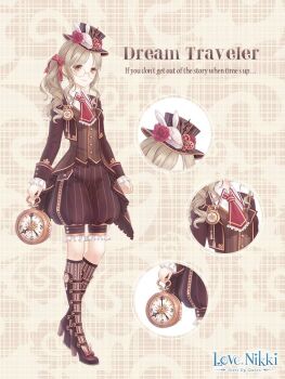 Rule 34 | 1girl, artist request, badge, baggy shorts, boots, bow, brown boots, brown coat, brown eyes, brown hair, brown hat, brown shorts, brown socks, brown vest, buttons, character name, close-up, closed mouth, coat, collared coat, collared shirt, copyright logo, dot nose, dreampath for travelers (miracle nikki), english text, eyelashes, flower, frilled coat, frilled necktie, frilled shorts, frilled sleeves, frills, full body, gear hat ornament, gears, glasses, grey-framed eyewear, hair bow, happy, hat, hat flower, hat ornament, high heel boots, high heels, holding, holding pocket watch, knee boots, kneehighs, knees, lapels, light blush, logo, long hair, long sleeves, miracle nikki, necktie, nikki (series), notched lapels, official art, open clothes, open coat, pink flower, pink rose, pinstripe hat, pinstripe pattern, pinstripe shorts, pinstripe vest, plaid background, pocket watch, rabbit hat ornament, red bow, red necktie, ribbon-trimmed socks, ribbon trim, rose, round eyewear, shirt, shorts, side ponytail, sidelocks, sleeve cuffs, smile, socks, solo, standing, striped clothes, striped socks, tareme, third-party source, top hat, vertical-striped clothes, vertical-striped socks, vest, watch, white shirt, yellow background