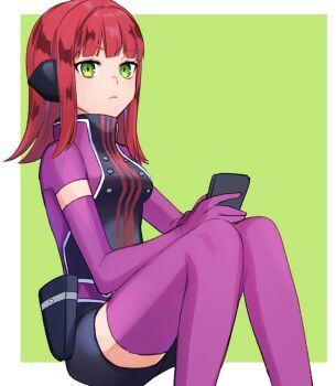 1girl border breasts commentary elbow_gloves flipped_hair gloves green_background green_eyes headphones holding holding_phone katori_squad&#039;s_uniform katori_youko long_hair long_sleeves phone purple_gloves red_hair short_sleeves sitting solo sonoda_(mzm) thighhighs turtleneck white_border world_trigger