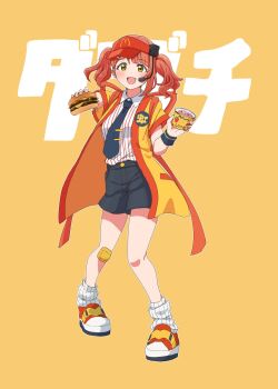 back_bow bandaid bandaid_on_knee bandaid_on_leg black_shorts blush bow burger commentary_request cosplay cup disposable_cup disposable_ice_cream_cup employee_uniform fast_food_uniform food headset highres holding holding_burger holding_food holding_ice_cream ice_cream imadake_dabuchi_tabemi imadake_dabuchi_tabemi_(cosplay) looking_at_viewer loose_socks love_live! love_live!_nijigasaki_high_school_idol_club mcdonald's mcflurry necktie open_mouth pink_hair shirt shoes shorts smile sneakers socks striped_clothes striped_shirt taiyakippassion tasuki text_background tie_clip translation_request twintails uehara_ayumu vertical-striped_clothes vertical-striped_shirt visor_cap white_socks wristband yellow_background yellow_eyes yellow_happi