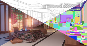 3d highres indoors kitchen kotatsu no_humans original scenery sidelighting sitai_xiii sunset table tree window