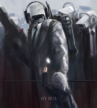 1girl 4boys artist_name black_necktie camera_man_(character) cloud_ruan99543 commentary energy_gun english_commentary flashlight flower giving_flower gun headphones highres holding holding_gun holding_weapon jetpack laser_rifle long_coat looking_at_another multiple_boys necktie object_head security_camera shirt skibidi_toilet_(series) weapon white_flower white_shirt