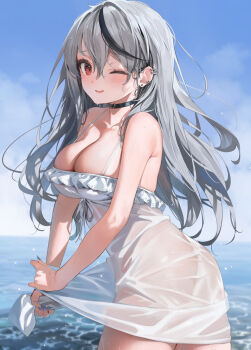 1girl bare_arms breasts dress grey_hair highres hololive large_breasts ocean one_eye_closed parsley-f sakamata_chloe see-through_clothes see-through_dress solo virtual_youtuber white_dress wringing_clothes